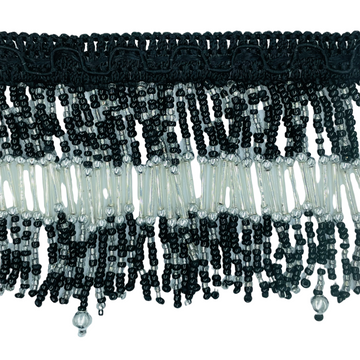 Perlefryns med sølvcylindre, sorte-, sølv- og transparente perler, glas/sølv/sort, 1m