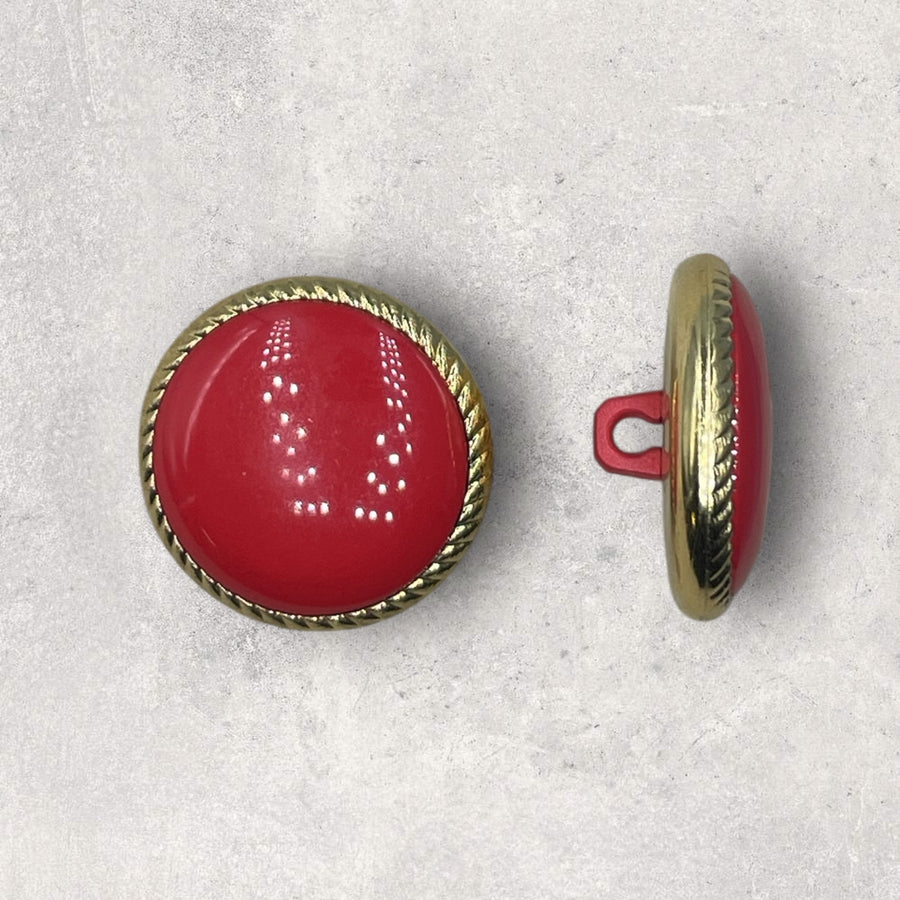 Plastikknap cinnoberrød med guldranke, ø18mm 1 øje
