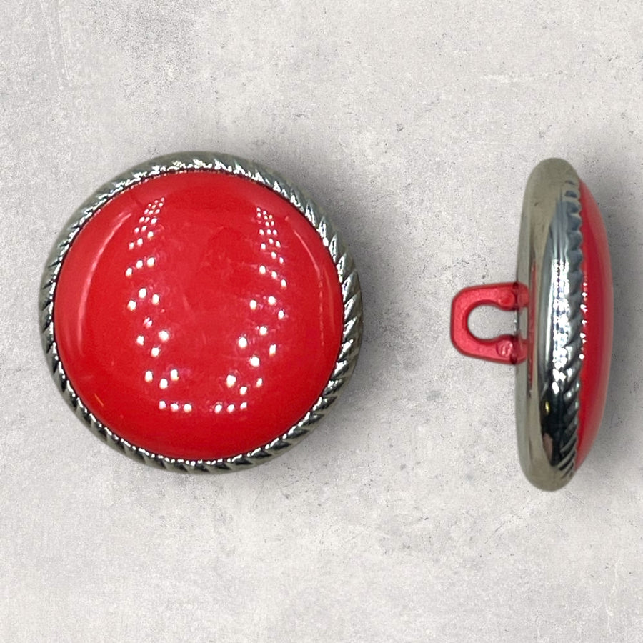 Plastikknap cinnoberrød med sølvranke, ø23mm 1 øje