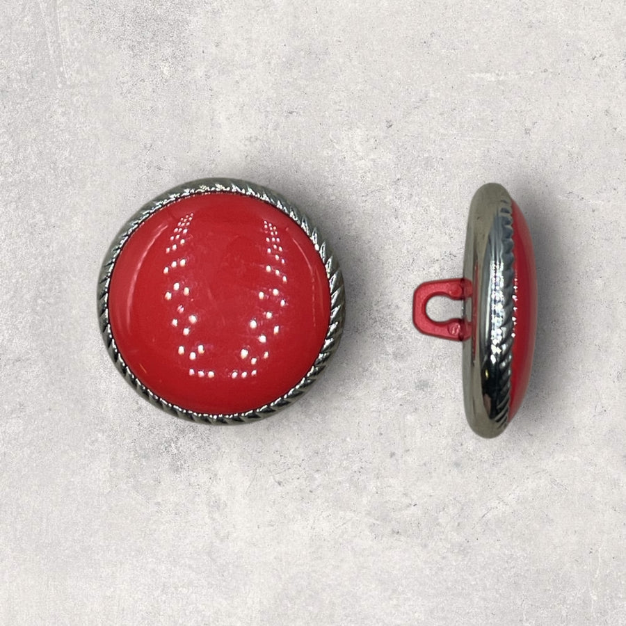 Plastikknap cinnoberrød med sølvranke, ø18mm 1 øje