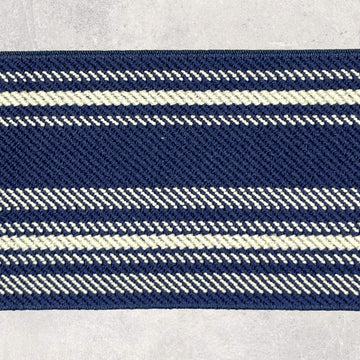 Stribet blød elastik, 50mm mørkeblå/råhvid