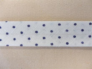 Skråbånd mønstret, hvid m. mørkeblå prikker, 1m
