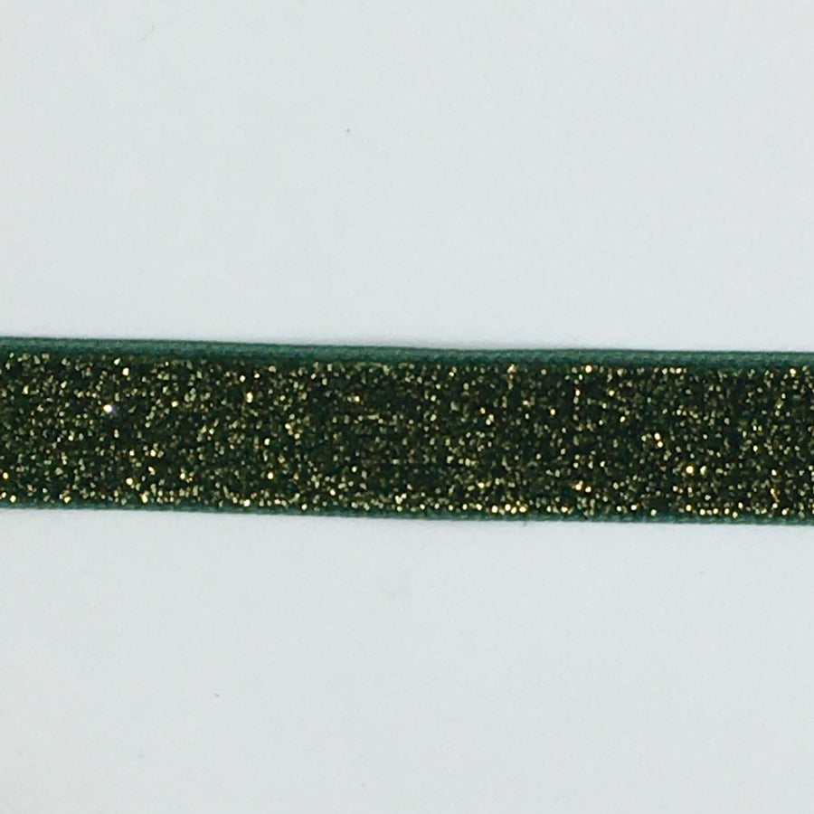 Velourbånd, flaskegrøn med guldglitter 16mm, 1m