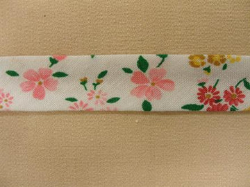 Skråbånd mønstret, hvid med pink blomster, smal, 1m