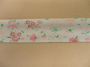 Skråbånd mønstret, hvid med lyserøde blomster, 1m