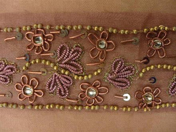 Silkebånd med perler og broderi, gammelrosa,  50cm