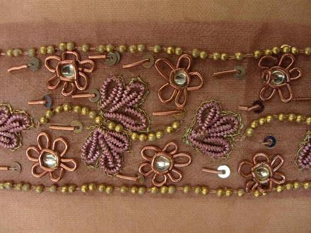 Silkebånd med perler og broderi, gammelrosa,  50cm