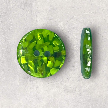 Plastknap, grøn med indstøbt glimmer, 2-huls ø17,5mm
