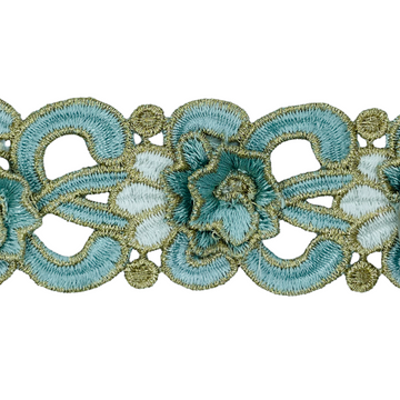 Blomsterbånd 3D, lyseblå/hvid, kantet m. guld metallic tråd , 1m