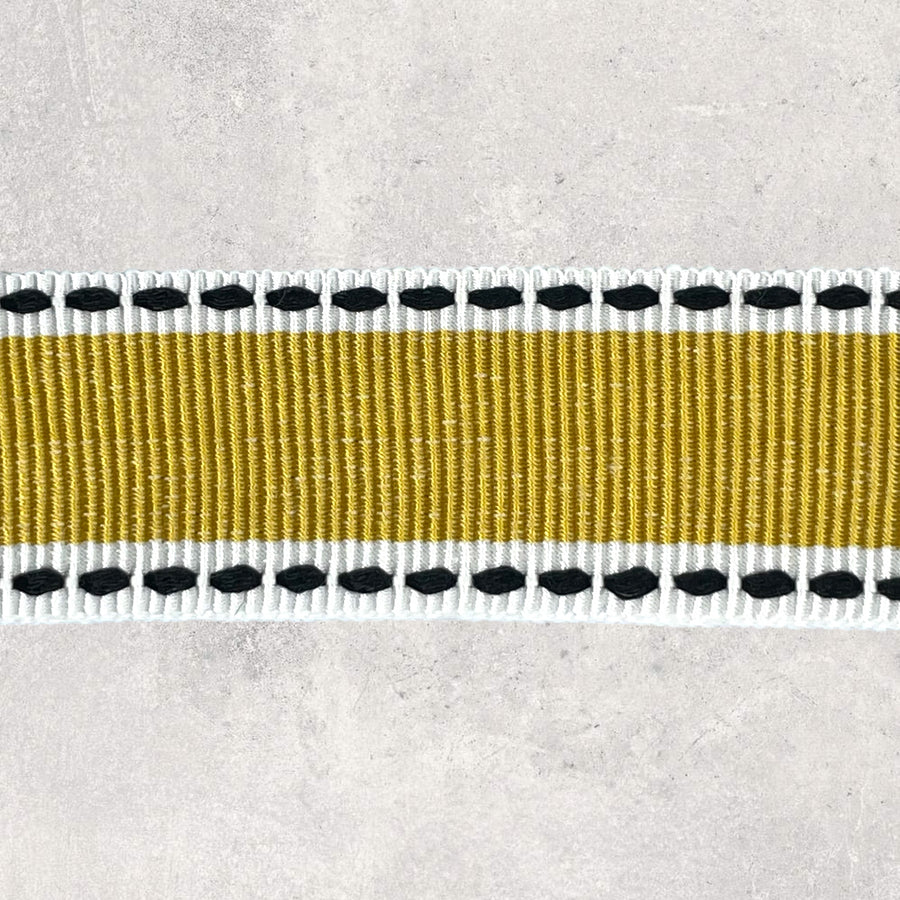 Grosgrainbånd med gul med sort/hvid kant i striber 25mm, 1m