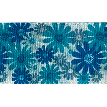 Bånd med tryk, blomster turkis/blå/grå, bred 1m