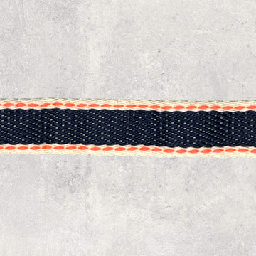 Bændel med denim/neon orange på hvid striber 15mm, 1m