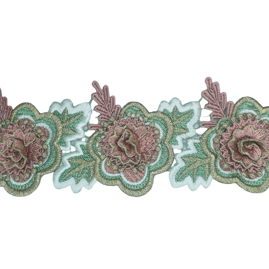 Blomsterbånd 3D, rosa/turkis, kantet m. guld metallic tråd , 1m