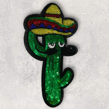 Strygemærke med pailletter som kaktus med sombrero #339, Stor