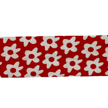 Skråbånd mønstret, hvide blomster på rød bund, 1m