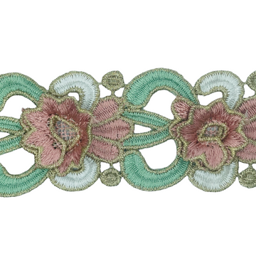 Blomsterbånd 3D, turkis/rosa/hvid, kantet m. guld metallic tråd , 1m