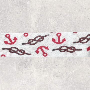 Skråbånd mønstret, røde knob og anker på hvid bund 20mm, 1m
